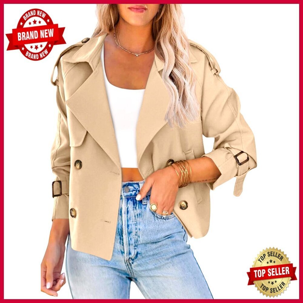 Cropped Double Breasted Trench Coat Raglan Sleeve Work Office Jacket